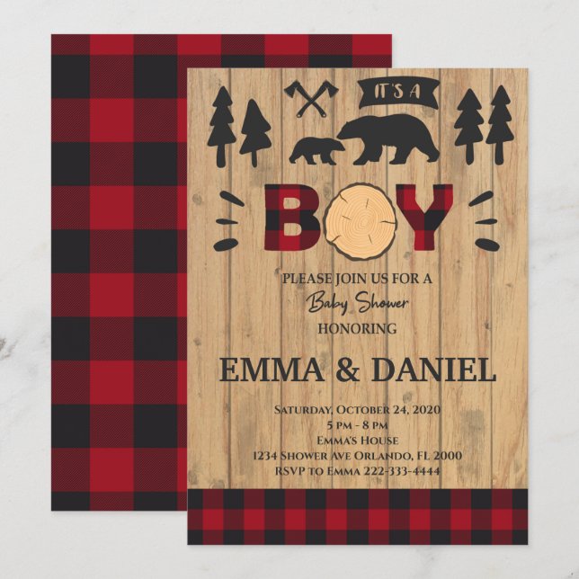 Lumberjack Woodland Baby Shower Boy-inbjudan Inbjudningar (Fram/baksida)