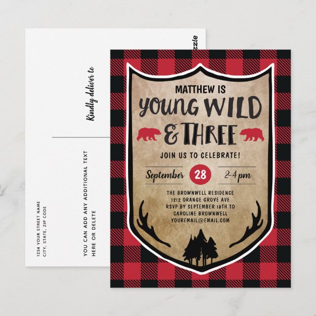 Lumberjack Young Vild och tre Födelsedagsfester Vykort (Fram/baksida)