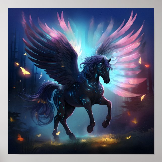 Luminiscent halvgenomskinlig pegasus-vingad häst poster (Framsidan)