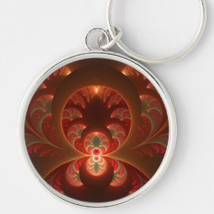 Luminös Abstrakt Modern Orange Red Fractal Rund Silverfärgad Nyckelring