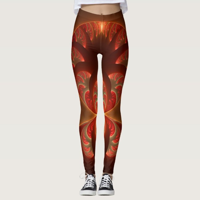 Luminös abstrakt, modern orange röd factal leggings (Framsida)