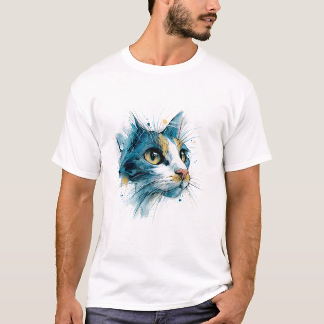 Luminös akvarell katt ansikte modern konst i azurb t shirt (Framsida)