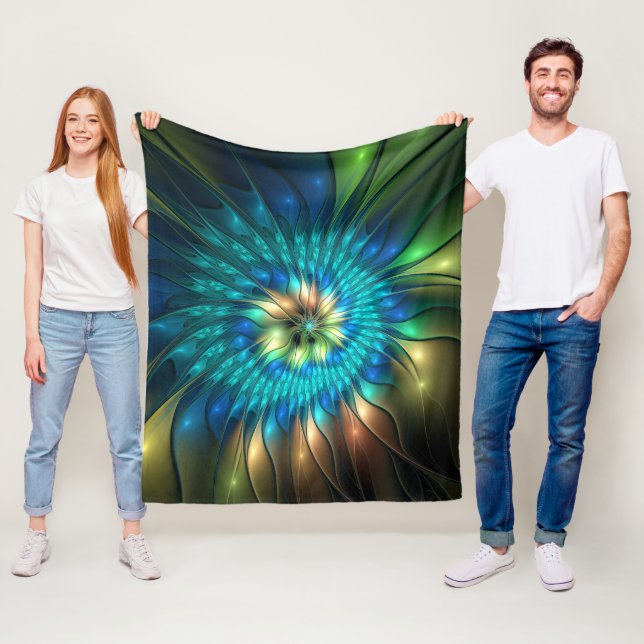 Luminös Fantasy Flower, Colorful Abstrakt Fractal Fleecefilt (På plats)
