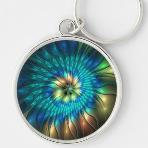 Luminös Fantasy Flower, Colorful Abstrakt Fractal Rund Silverfärgad Nyckelring