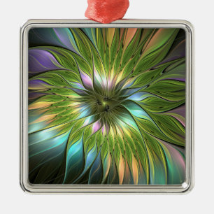 Luminös färglös Fantasy Flower Fractal Square Julgransprydnad Metall