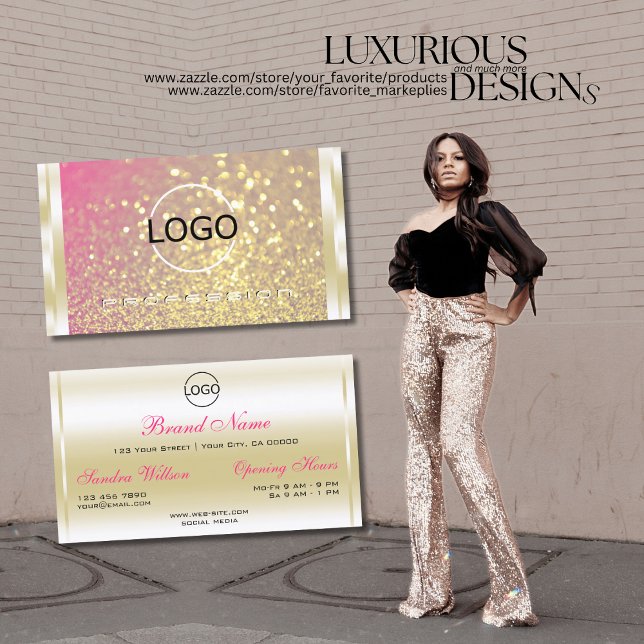 Luminösa Guld Rosa Lila Glitter och Logotyp lyx Visitkort (Skapare uppladdad)