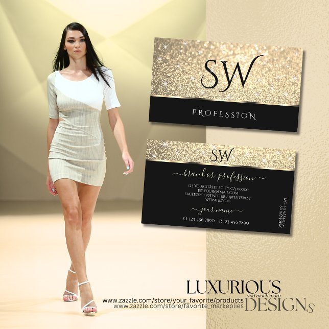 Luminösa stjärnor Initialer Black i Guld Glitter Visitkort (Skapare uppladdad)