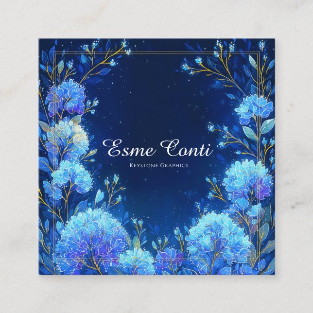 Luminous Blue Floral Gold Celestial Frame Midnight Fyrkantigt Visitkort (Framsida)