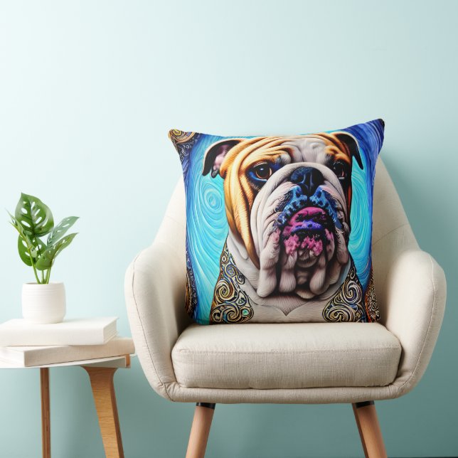Luminous Bulldog Blue Ocean Wave Pointillism Kudde (Stol)