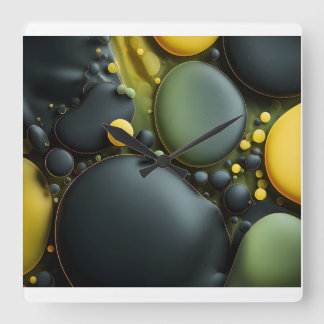 Luminous Fluid Dynamics: Yellow and Green Abstract Fyrkantig Klocka