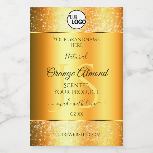 Luminous Guld Orange Sparkly Glitter Initialer Log Mat Etikett (Singel etikett)