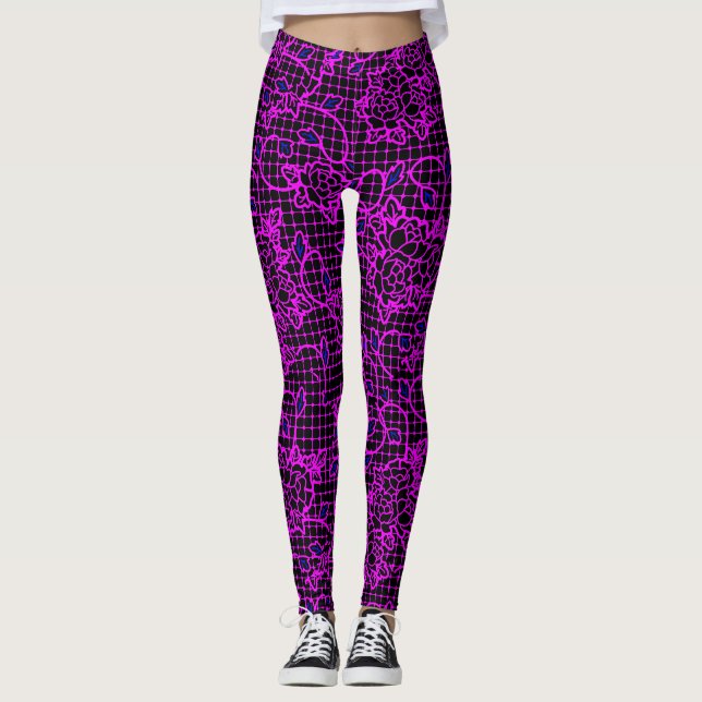 Luminous indigo Flowers on Net.01.b Black BG Leggings (Framsida)