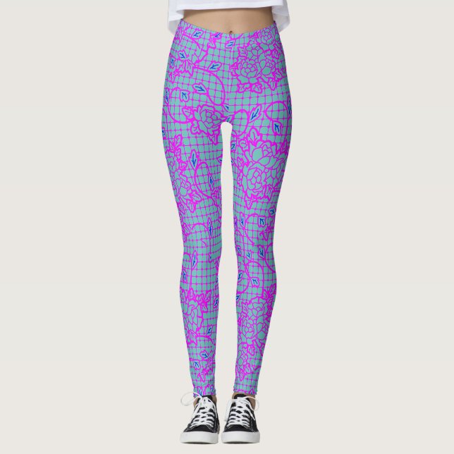 Luminous indigo Flowers on Net.01.b LBlue BG Leggings (Framsida)