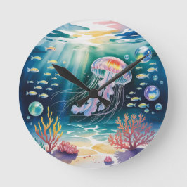 Luminous Jellyfish Underwater Scene Rund Klocka