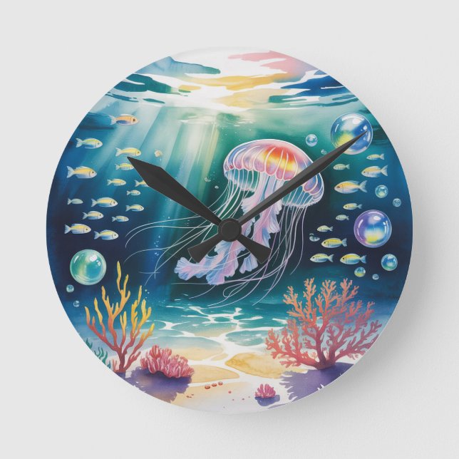 Luminous Jellyfish Underwater Scene Rund Klocka (Framsida)