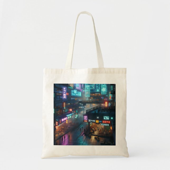 Luminous Neon Cyberpunk Cityscape Futuristiska Tygkasse (Framsidan)