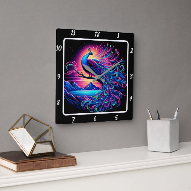Luminous Peacock Art Fyrkantig Klocka (Kontor)