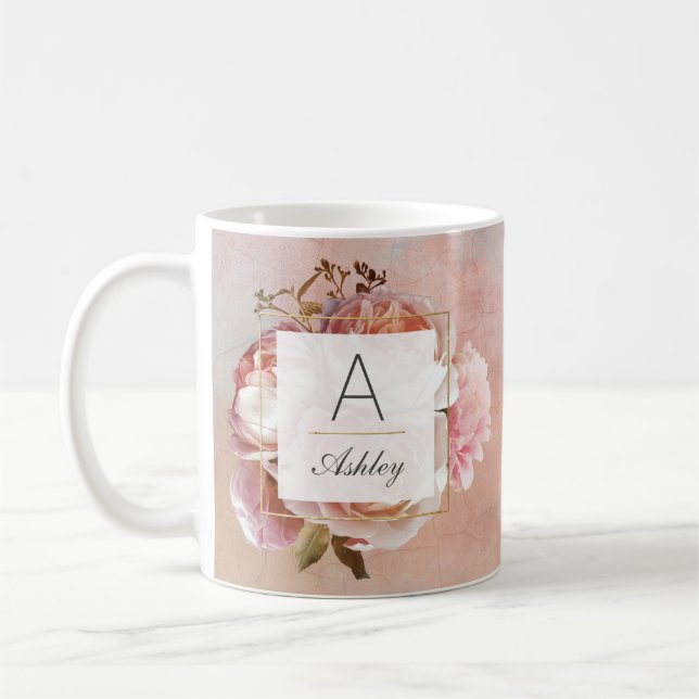 LUMINOUS RO Elegant Modern Blommigt Monogram Kaffemugg (Vänster)