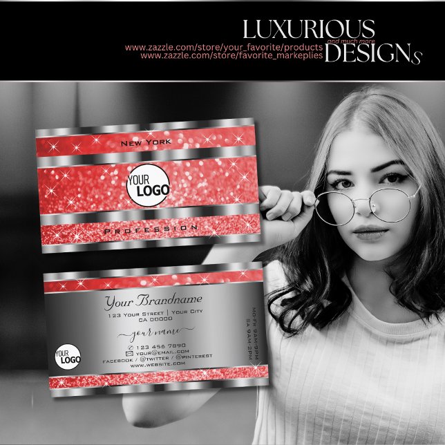 Luminous Ruby Red Glitter Stars och Logotyp Silver Visitkort (Skapare uppladdad)