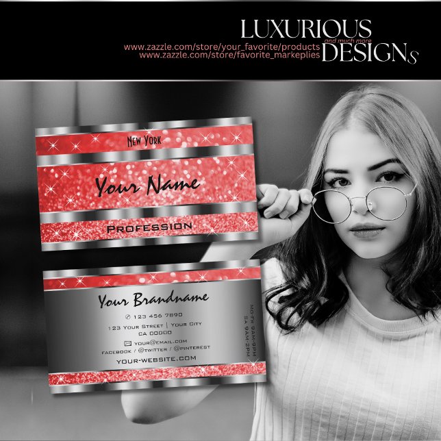 Luminous Ruby Red Glitter Stars Silver Dekoration Visitkort (Skapare uppladdad)