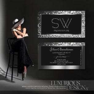 Luminous Silver Gnistra Glitter Monogram Black Visitkort