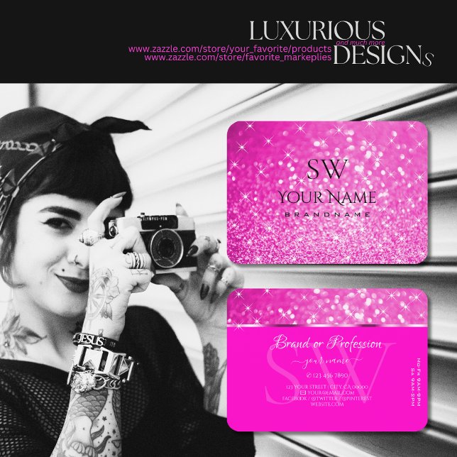 Luminous Stars Monogram ur Luxury Girly Rosa Glitt Visitkort (Skapare uppladdad)