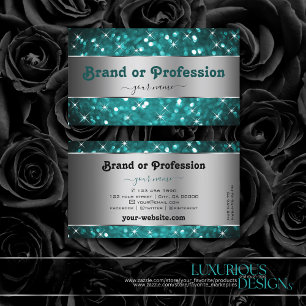 Luminous Teal Glitter Stars Decorative Silver Visitkort
