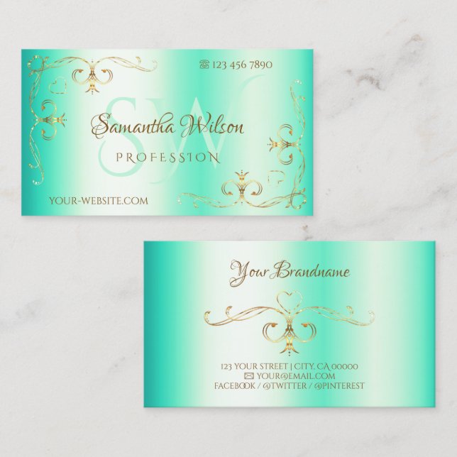 Luminous Teal Golden Ornate Corner Gräns Initialer Visitkort (Fram/baksida)