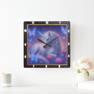 Luminous Unicorn Butterfly Fantasy Fyrkantig Klocka