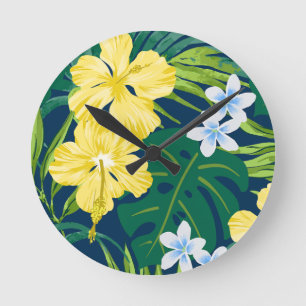 Luna Hibiscus Garden Hawaiian - Gult och flotta Rund Klocka