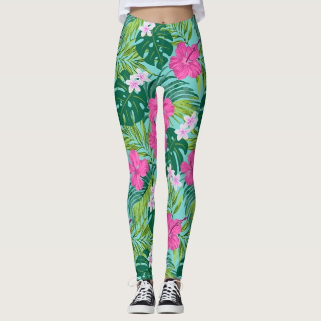 Luna Hibiscus Garden Hawaiian - Rosa och turkos Leggings (Framsida)