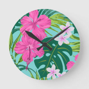 Luna Hibiscus Garden Hawaiian - Rosa och Turq Rund Klocka