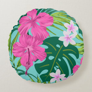 Luna Hibiscus Garden Hawaiian - Rosa och Turq Rund Kudde