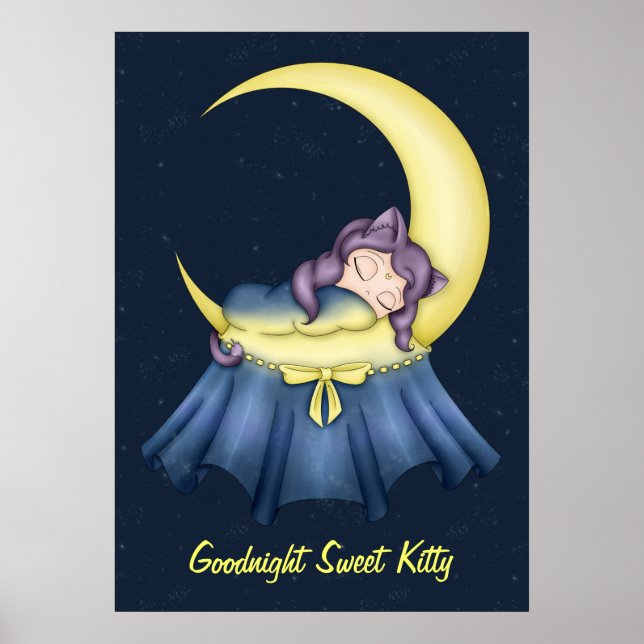 Luna Lullaby Cat som ligger vid Måne Poster (Framsidan)