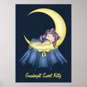 Luna Lullaby Cat som ligger vid Måne Poster