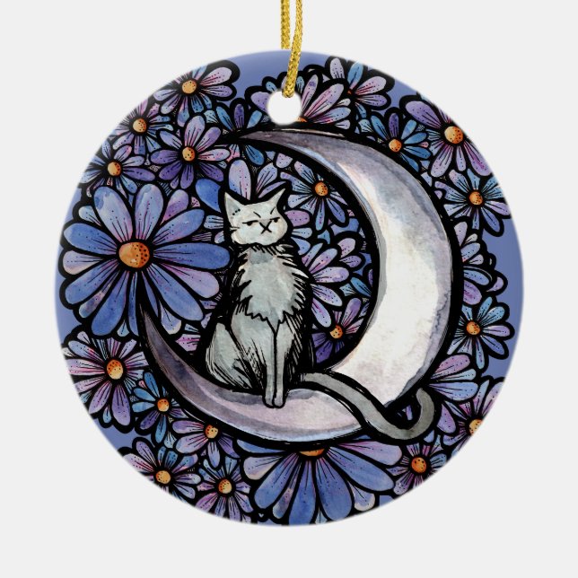 Luna Måne Cat Lila Daisy Julgransprydnad Keramik (Framsidan)