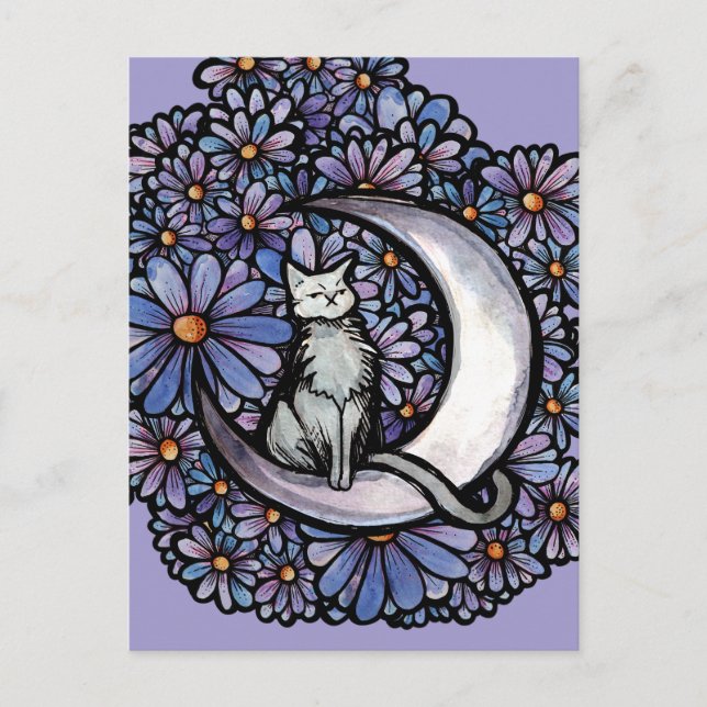 Luna Moon Cat Purple Daisy                         Vykort (Framsida)