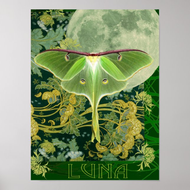 Luna Moth and Moon Poster, Green Nature Collage Po Poster (Framsidan)