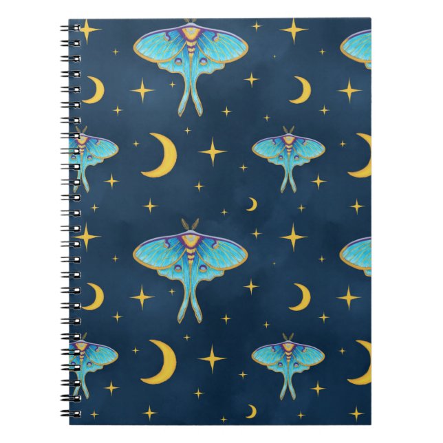 Luna Moth Celestial Måne & Stars Navy Anteckningsbok (Framsidan)