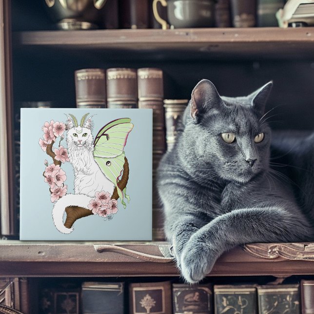 Luna Moth Måne White Cat Grönt Kakelplatta (Skapare uppladdad)