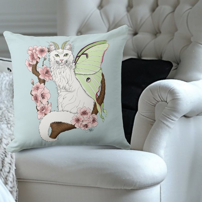 Luna Moth Måne White Cat Grönt Kudde (Skapare uppladdad)