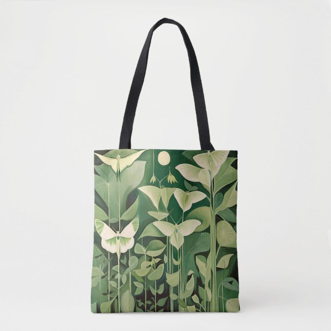 Luna Moth och Blommor - Grönt och Cream Tygkasse (Framsida)