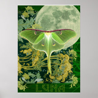 Luna Moth och Moon Poster, grön naturcollage Poster