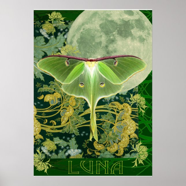 Luna Moth och Moon Poster, grön naturcollage Poster (Framsidan)