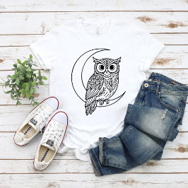 Luna Owl Line Art with Crescent Moon T Shirt