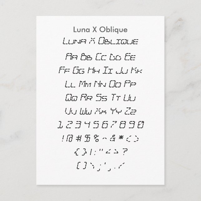 Luna X Oblique - Zazzle Font Sampler Lakan Vykort (Framsida)
