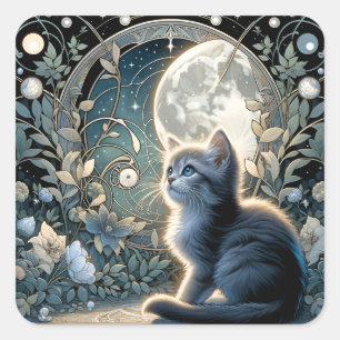 Lunar Blommar Art nouveau Kitten Fyrkantigt Klistermärke