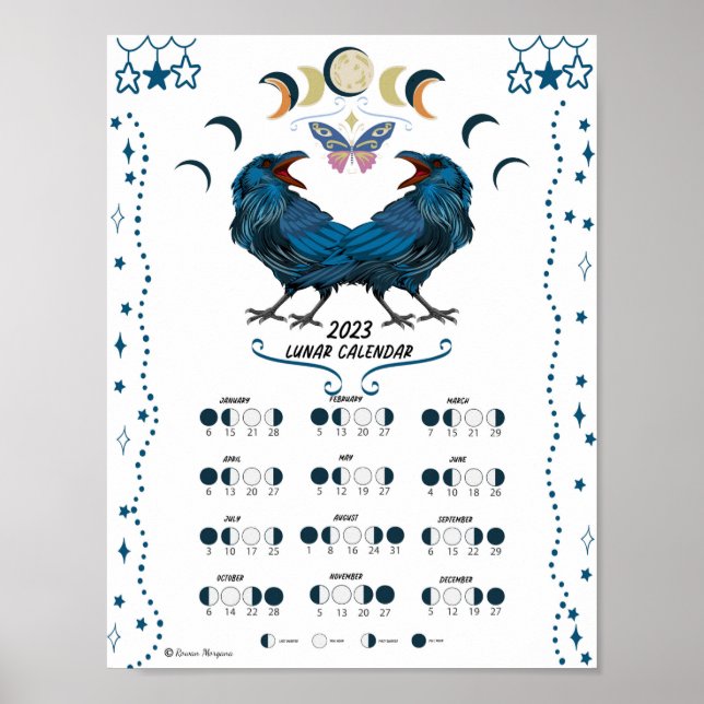 LUNAR CALENDAR 2023, Kråka Måne, Wicca Witch Måne Poster (Framsidan)