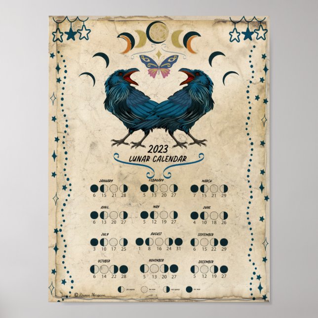 LUNAR CALENDAR 2023, Kråka Måne, Wicca Witch Måne Poster (Framsidan)