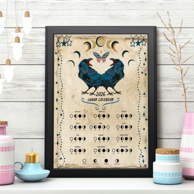 LUNAR CALENDAR 2026,  Crow Moon, Wicca Witch Moon Poster (Frame it and place it on your altar.)